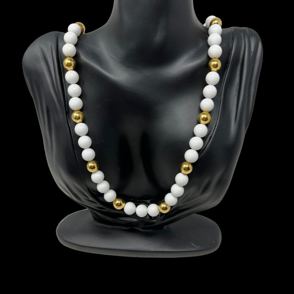 Vintage Napier Necklace Long Beaded White and‎ Gold Tone Beads 24 inch